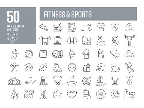Fitness and Sports Line Icons. Editable Stroke Vector Icons Collection.