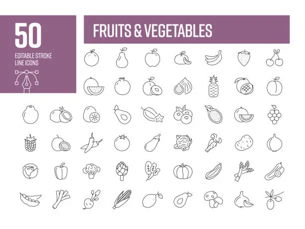 Vector illustration of Fruits and Vegetables Line Icons. Editable Stroke Vector Icons Collection.