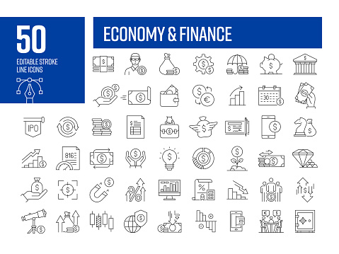 Economy and Finance Line Icons. Editable Stroke Vector Icons Collection.