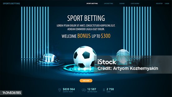 istock Sports betting, digital banner for website with sport balls on blue hologram digital podiums in dark empty scene 1434836185