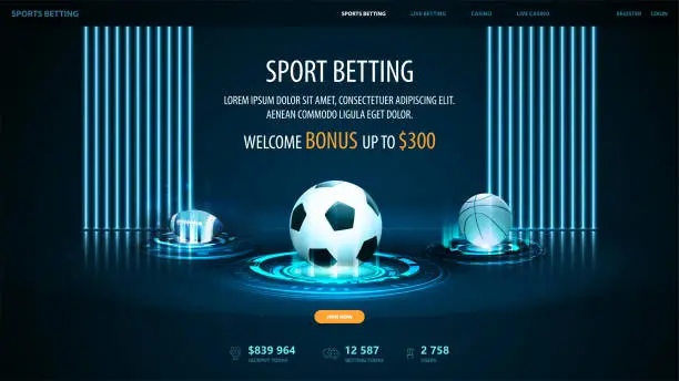 Vector illustration of Sports betting, digital banner for website with sport balls on blue hologram digital podiums in dark empty scene