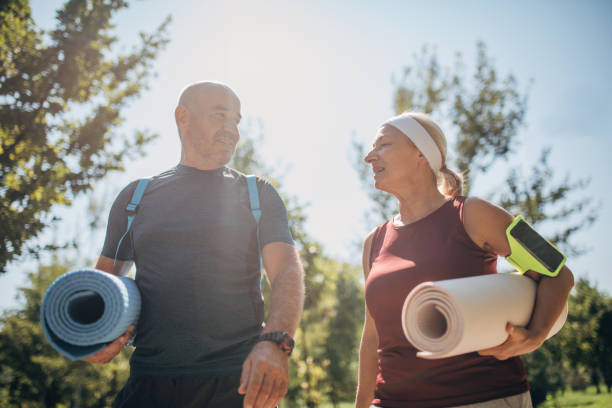 istock Mature couple going to exercise yoga 1434836504