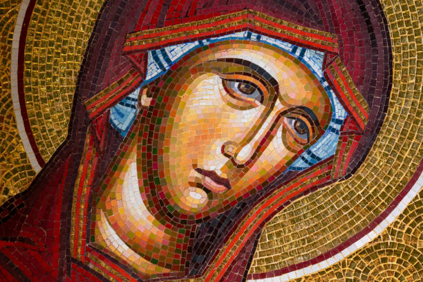 Orthodox Mosaic Icon, Head of Virgin Mary Detail of byzantine or orthodox mosaic icon depicting the head of Virgin Mary. Great for your Easter needs. byzantine stock pictures, royalty-free photos & images