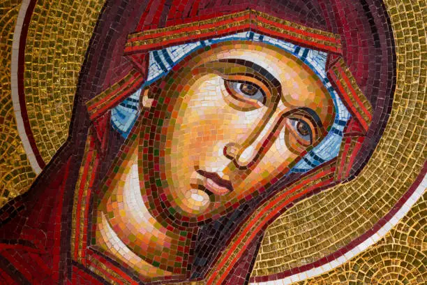 Detail of byzantine or orthodox mosaic icon depicting the head of Virgin Mary. Great for your Easter needs.