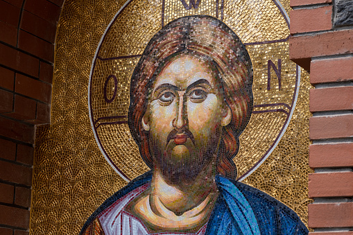 Detail of byzantine or orthodox mosaic icon depicting the head of Jesus Christ. Great for your Easter needs.