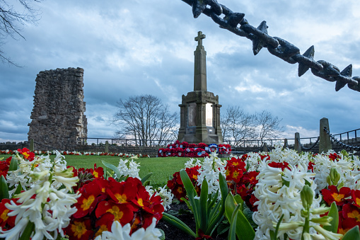View of the World Wars memorial close to the castle in Knaresborough in North Yorkshire, England, UK
