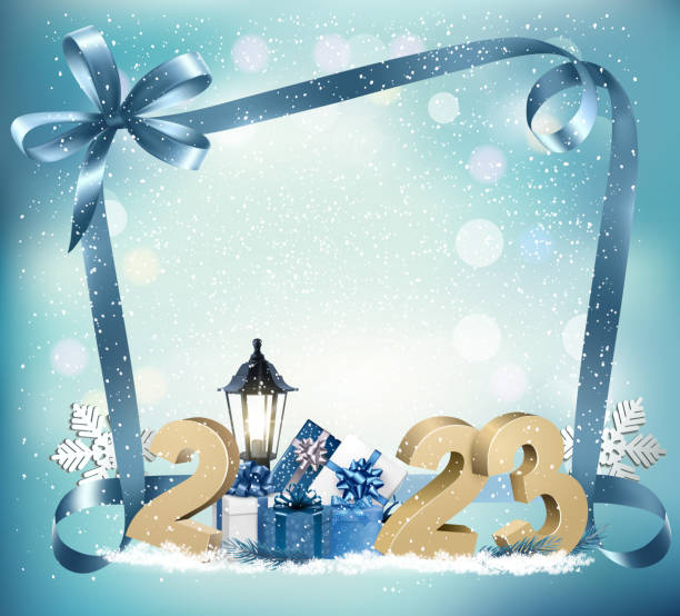 メリークリスマスとハッピーニューイヤーの背景と2023年とギフトボックスと青いリボン。ベクトル - backgrounds greeting card bow anniversary点のイラスト素材／クリップアート素材／マンガ素材／アイコン素材