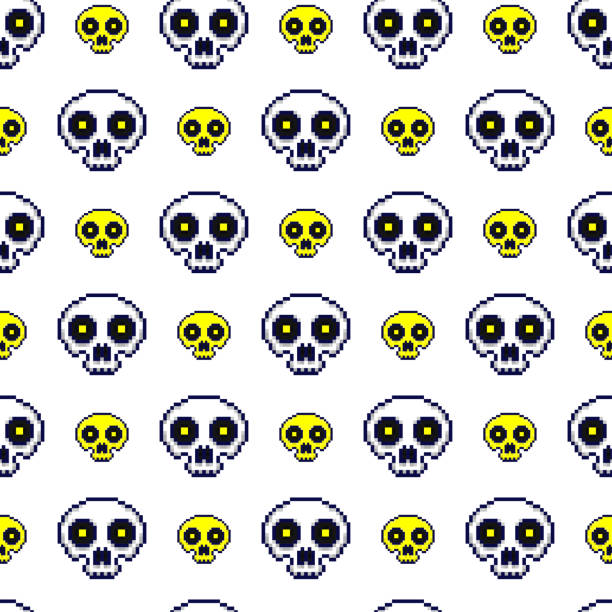 ilustrações de stock, clip art, desenhos animados e ícones de small colored pixel skulls isolated on white background. cute seamless pattern. vector simple flat graphic illustration. texture. - pop art skull backgrounds pattern