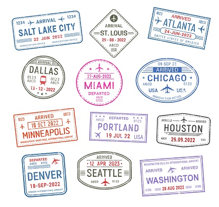 Passport travel stamps, USA airport visa arrival to american cities, vector. International USA travel stamps of Chicago, Houston and Washington, Seattle and Miami, Denver, Dallas, Atlanta and Portland
