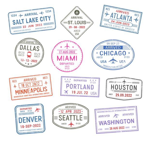 Passport travel stamps, USA airport visa arrivals Passport travel stamps, USA airport visa arrival to american cities, vector. International USA travel stamps of Chicago, Houston and Washington, Seattle and Miami, Denver, Dallas, Atlanta and Portland passport stamp stock illustrations