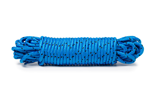 Blue nylon rope isolated on white background.