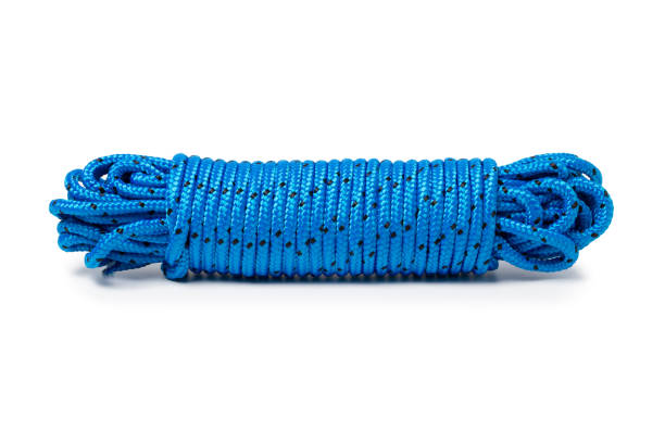 Blue nylon rope isolated on white background. stock photo