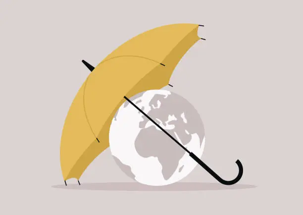 Vector illustration of Planet Earth protected with a yellow umbrella, climate change concept