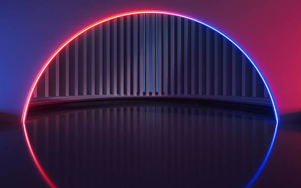 istock Dark room with glowing neon lines, 3d rendering. 1434867846