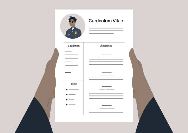 ilustrações, clipart, desenhos animados e ícones de um pedido de trabalho de policial, um modelo cv, um personagem jovem vestindo um uniforme - resume hire job applying