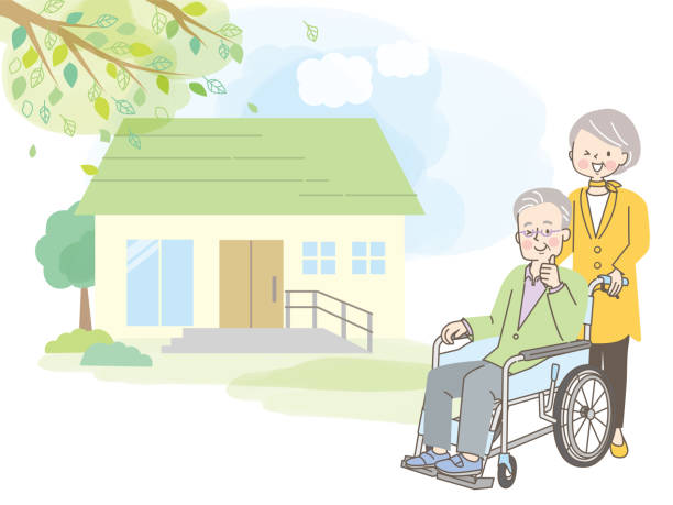 휠체어 및 장벽이없는 주택의 노인 여성 - 介護 stock illustrations