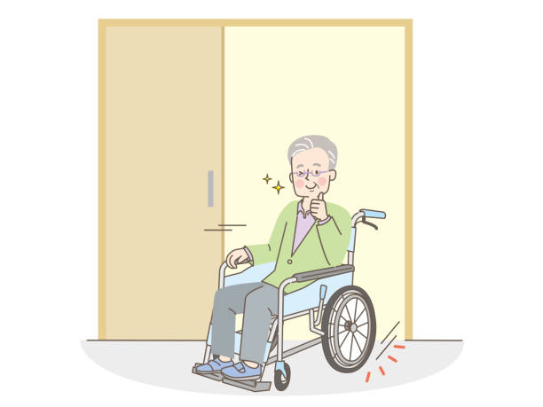 Senior man in wheelchair and barrier-free housing Senior man in wheelchair and barrier-free housing 靴 stock illustrations