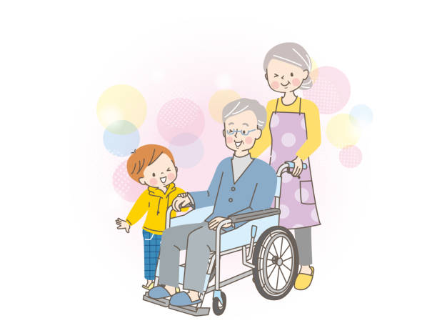 휠체어를 타고 노인 남성을 돕는 노인 여성 - 介護 stock illustrations