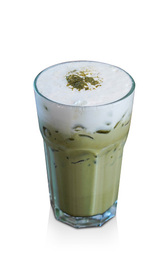 top view Matcha Latte ( Cold ) on white background, food and drink background, fresh, ice, health, copy space