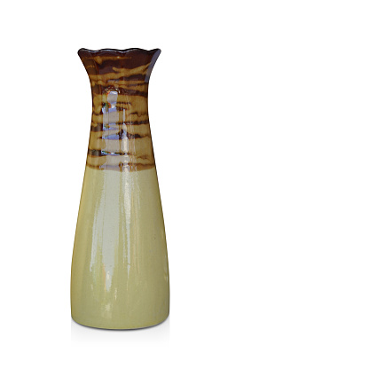 yellow and brown long ceramic vase on white background, object, nature, decor, fashion, vintage, copy space