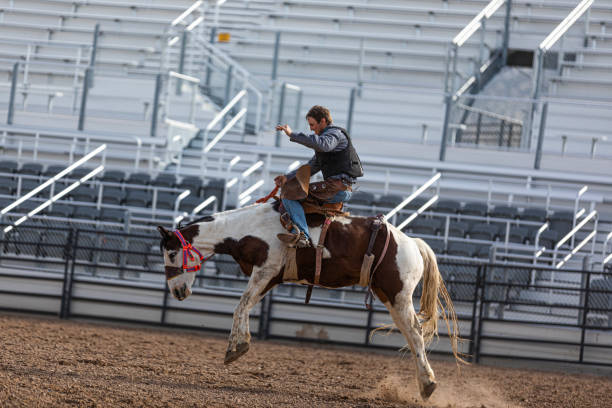 istock Cowboy on Bucking Bronco holding a tight grip 1434882438