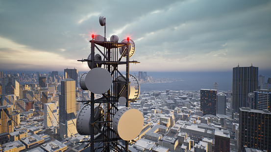 Telecommunication tower with 5G cellular network antenna on city background, 3d render
