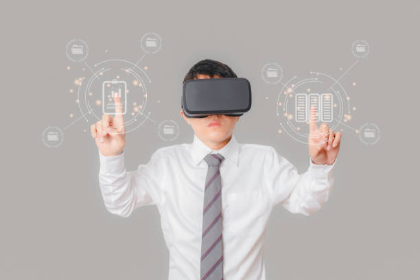 istock Businessman wearing VR glasses virtual business connection online documentation database 1434888025