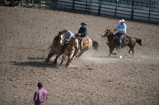 Cowboys chasing an already ridden and dismounted Bucking Bronco