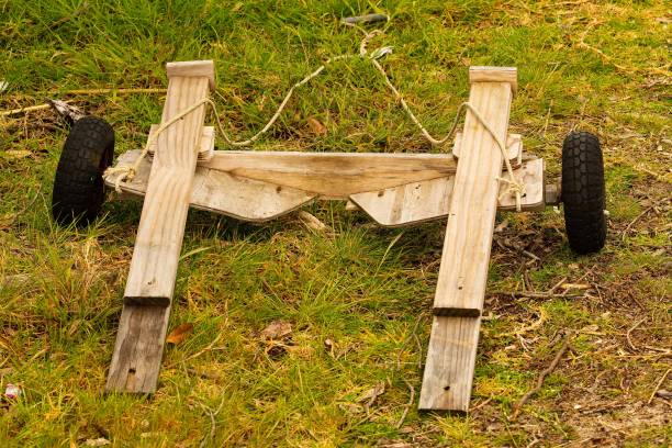 istock Old wooden old trolley with wheels on grassland 1434893979