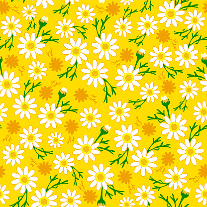 floral print in retro style. ditsy daisy seamless pattern. white flower with yellow orange background.