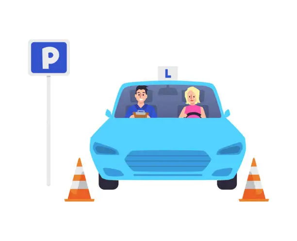 Vector illustration of Smiling blonde woman passing parking test flat style, vector illustration