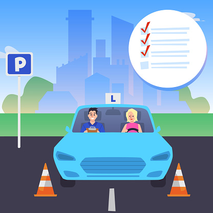 Driving Test Animation Driving Test Or Exam Woman Sitting In Car With Instructor Or Examiner ...