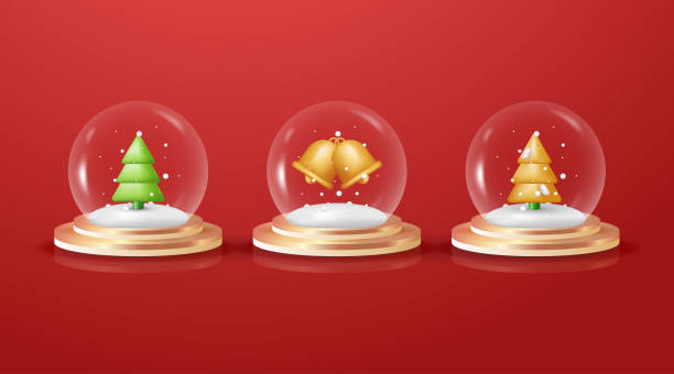 3d świąteczny dekoracyjny projekt szklanej kuli śnieżnej ze złotym podium pod przezroczystą szklaną kopułą z białym śniegiem, złotą choinką, izolowaną na czerwonym tle - snow globe dome glass transparent stock illustrations