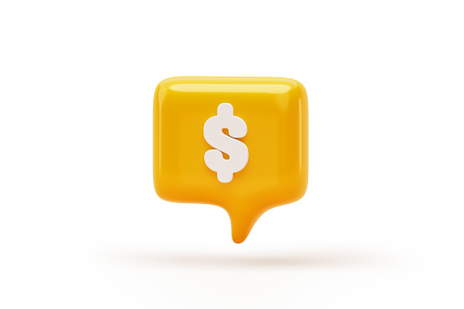 Dollar sign currency icon or symbol on orange speech bubble online shopping concept 3d rendering