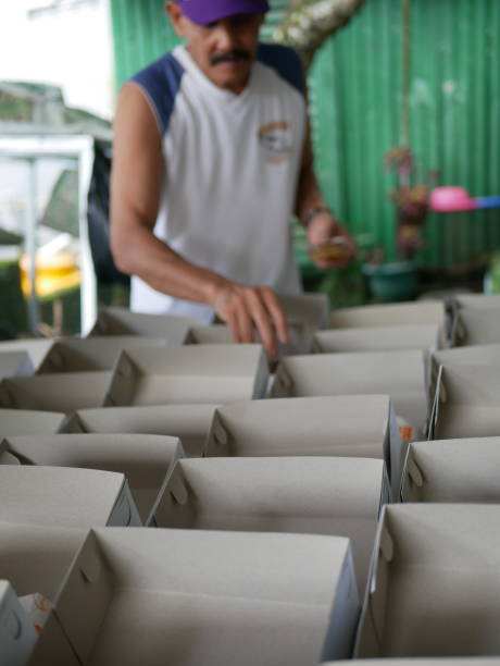 Tarakan, Indonesia: Apr 25,2021: Small group of people working in charitable foundation. Small group  of Indonesian people packing food in the paper box fo donation. stock photo