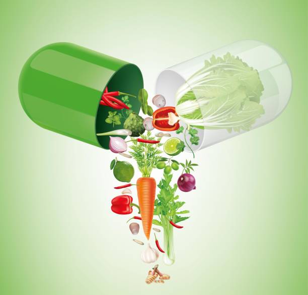 istock Medicinal capsules that open up are vegetables and a variety of side dishes. 1434900256