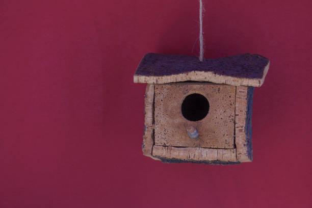 close-up of a birdhouse made of natural cork with a red background