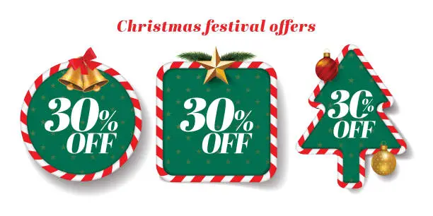 Vector illustration of Christmas Festive offer units with candy cane border and baubles.