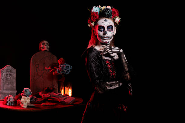 istock Spooky lady of dead with skull make up 1434908465