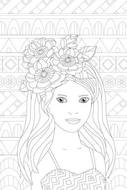 Vector illustration of pretty young girl with flowers in her long wavy hair against geometric pattern for your coloring book