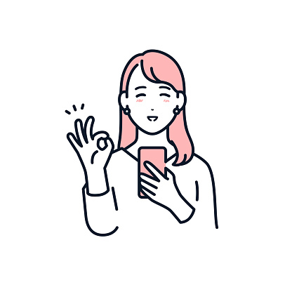 Vector illustration material of a young woman holding a smartphone and giving an OK sign