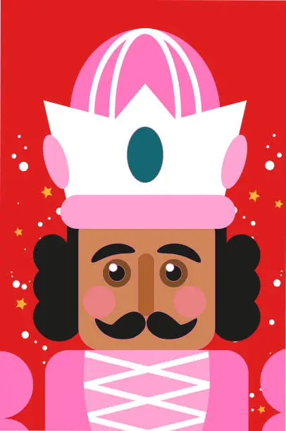 Vector illustration of Christmas Pink Nutcracker, Doll guard in paper cut style. Cute soldier toy. December Ballet party. Creative Merry Xmas invitation. Happy New Year. Winter holidays on red.