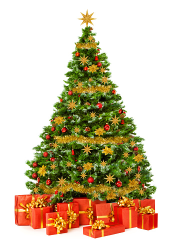 Christmas Tree with Red Gift Boxes and Golden Toys isolated White. Xmas Fir Tree with many Packed Presents under it and Gold Star on Top. Decorated Christmas Tree with Garland, Ornaments and Balls