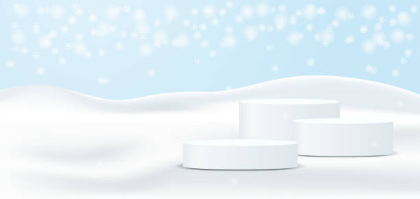 istock Winter season product display. Design with podium and white snowflakes on snow background. vector. 1434913038