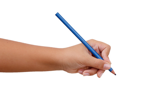 female hand holding a pencil with white background