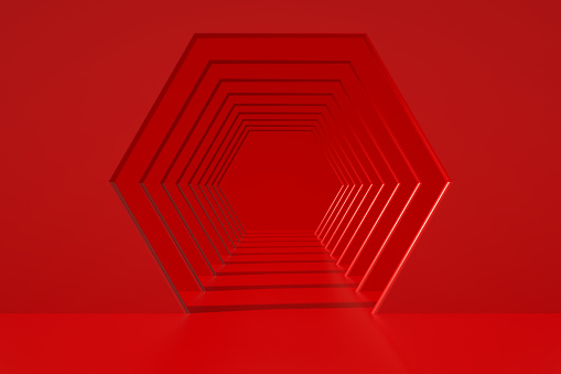 Red color empty room tunnel corridor abstract modern architecture new year Christmas background, 3d render.