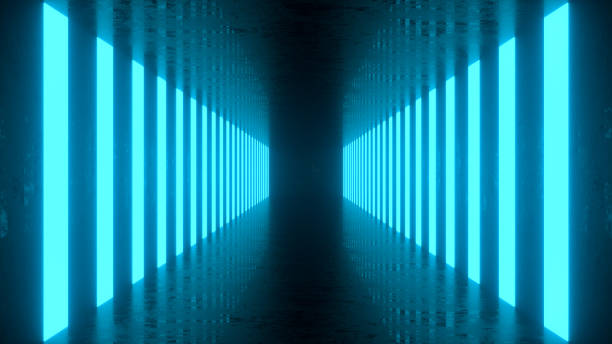 istock Ultraviolet neon laser glowing light tunnel corridor abstract 3d background 1434914783