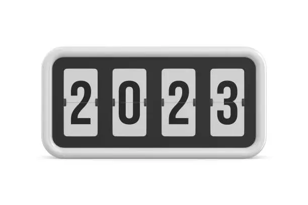Photo of Flip black scoreboard 2023 on white background. Isolated 3D illustration