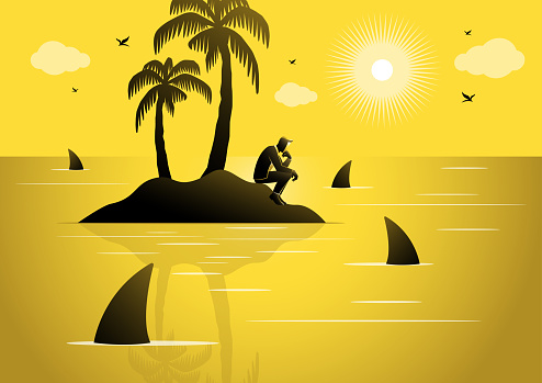 A Businessman gets cast away on island with a sea full of sharks, vector illustration concept