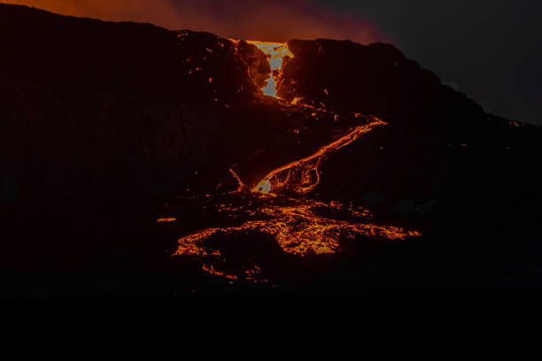 istock Beautiful aerial view of an Active Volcano with exploding red Lava in Iceland 1434917429